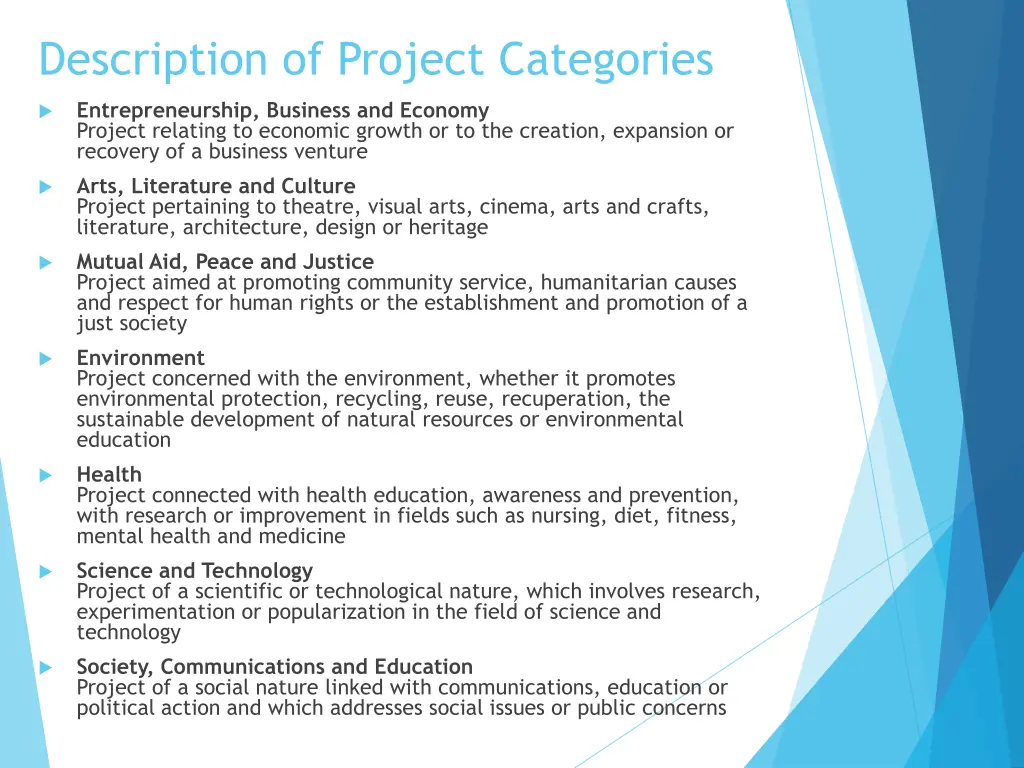 description of project categories