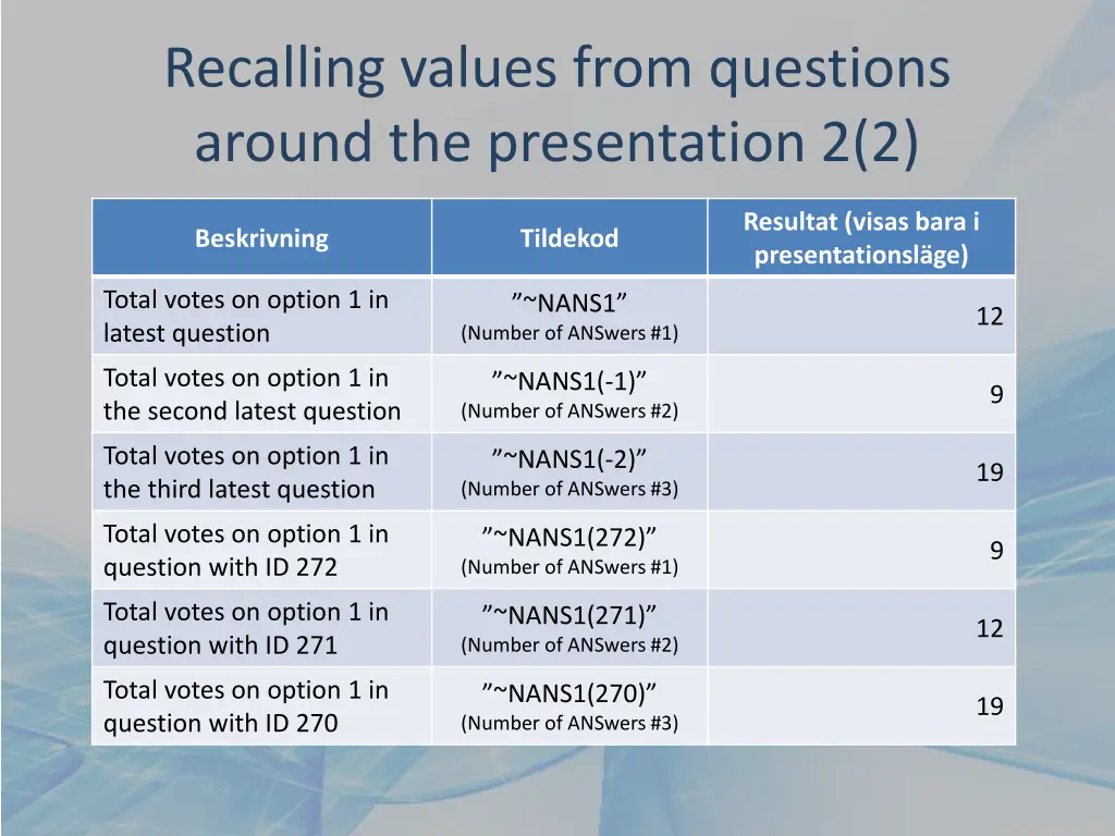 recalling values from questions around 1