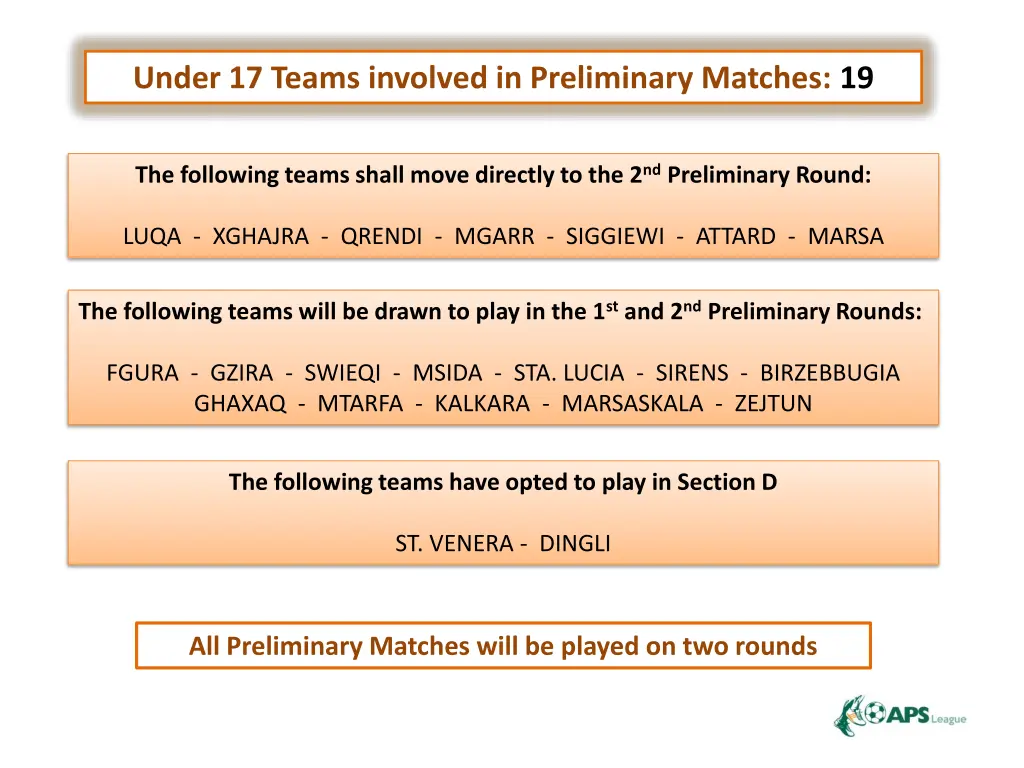 under 17 teams involved in preliminary matches 19