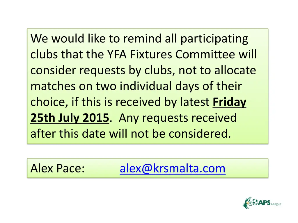 we would like to remind all participating clubs