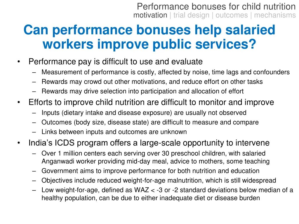 performance bonuses for child nutrition