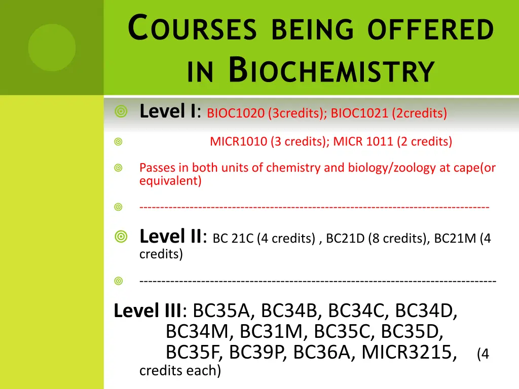 c ourses being offered in b iochemistry