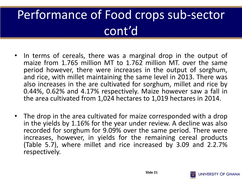 performance of food crops sub sector cont d