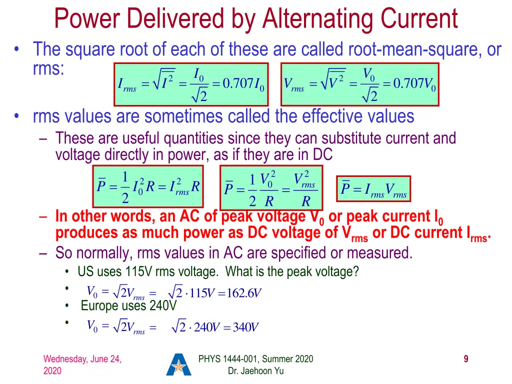 power delivered by alternating current the square