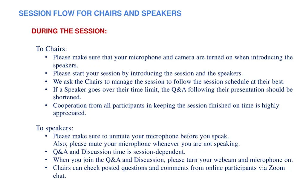 session flow for chairs and speakers during