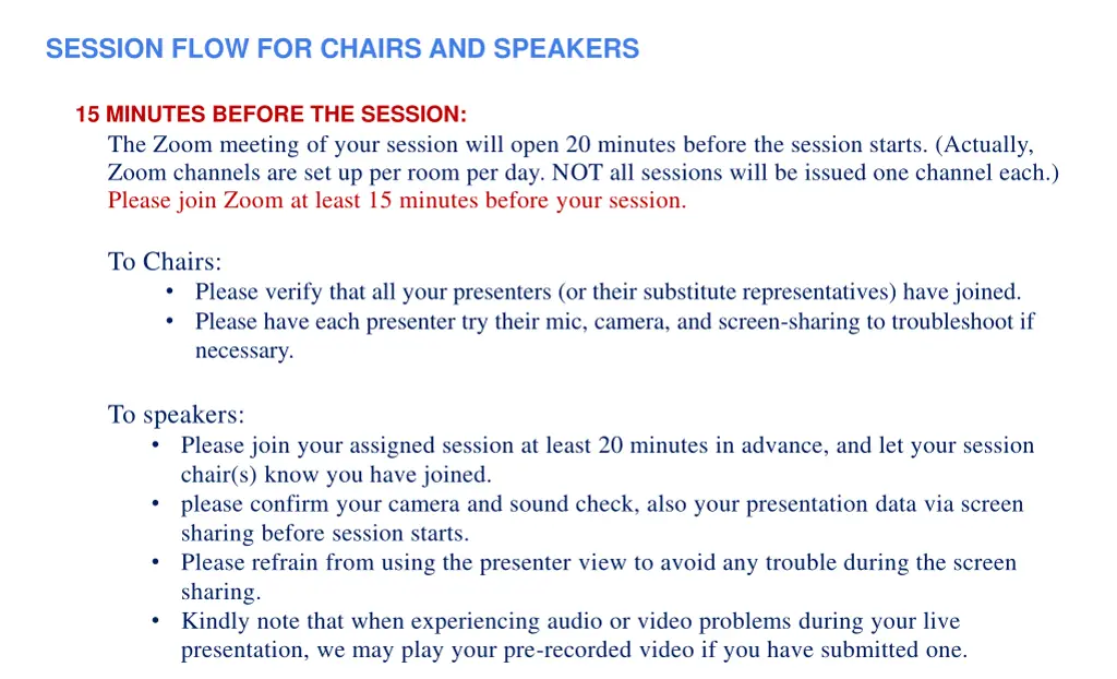 session flow for chairs and speakers