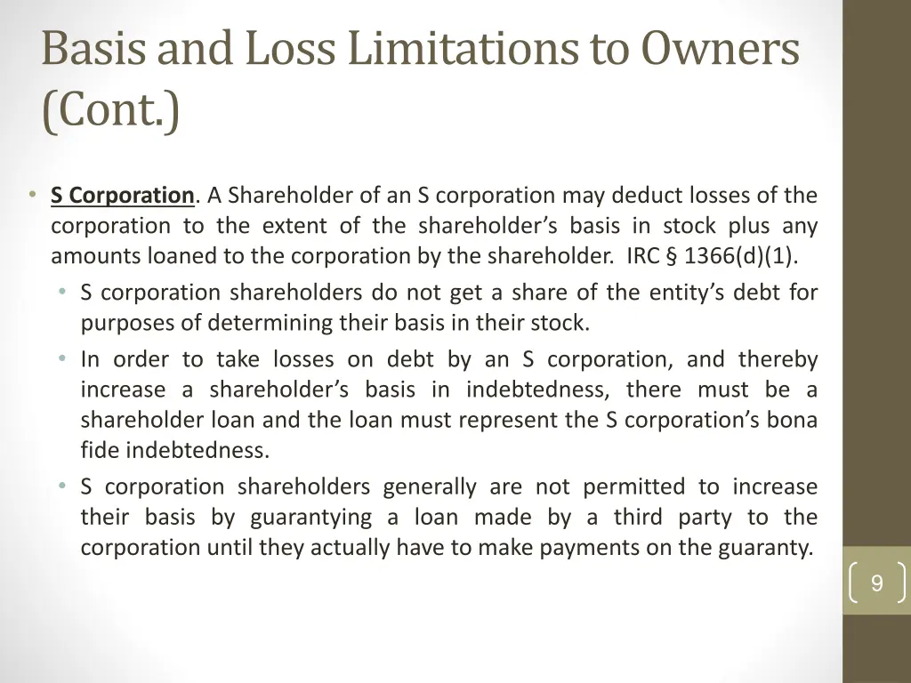 basis and loss limitations to owners cont