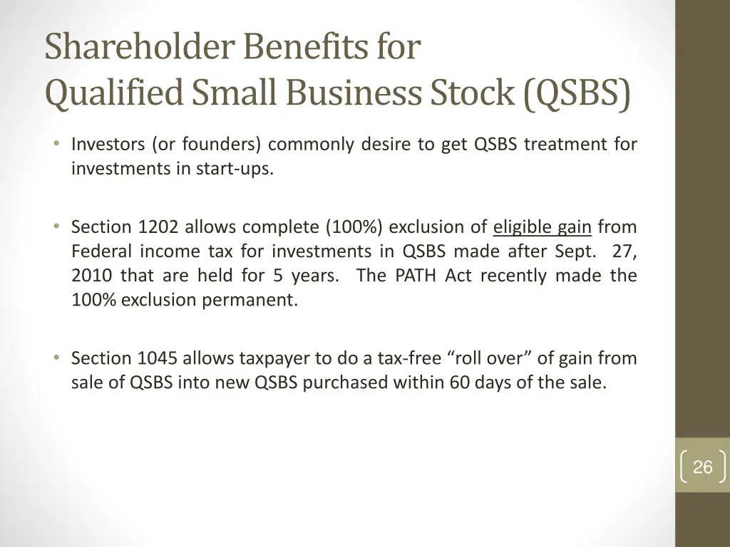 shareholder benefits for qualified small business