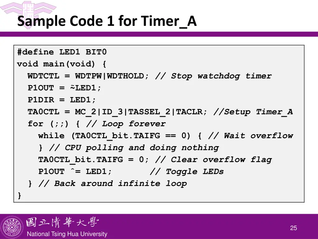 sample code 1 for timer a 1