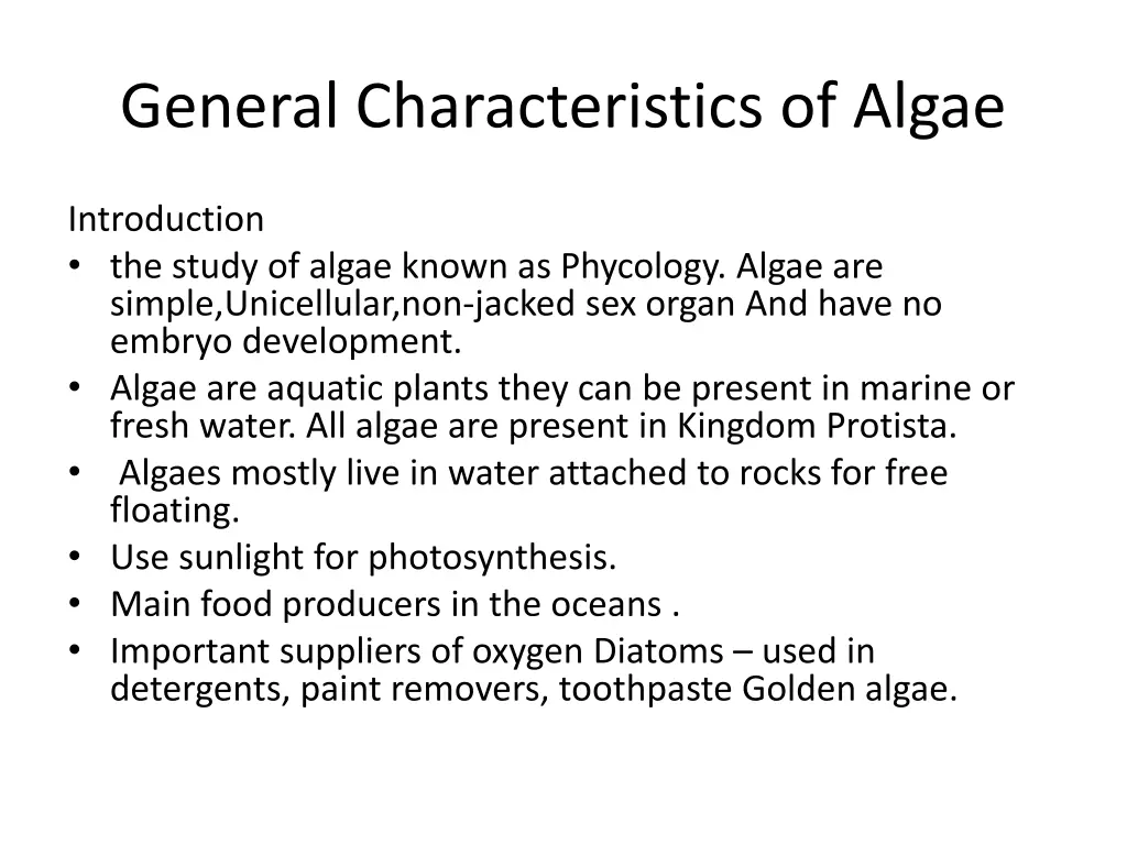 general characteristics of algae