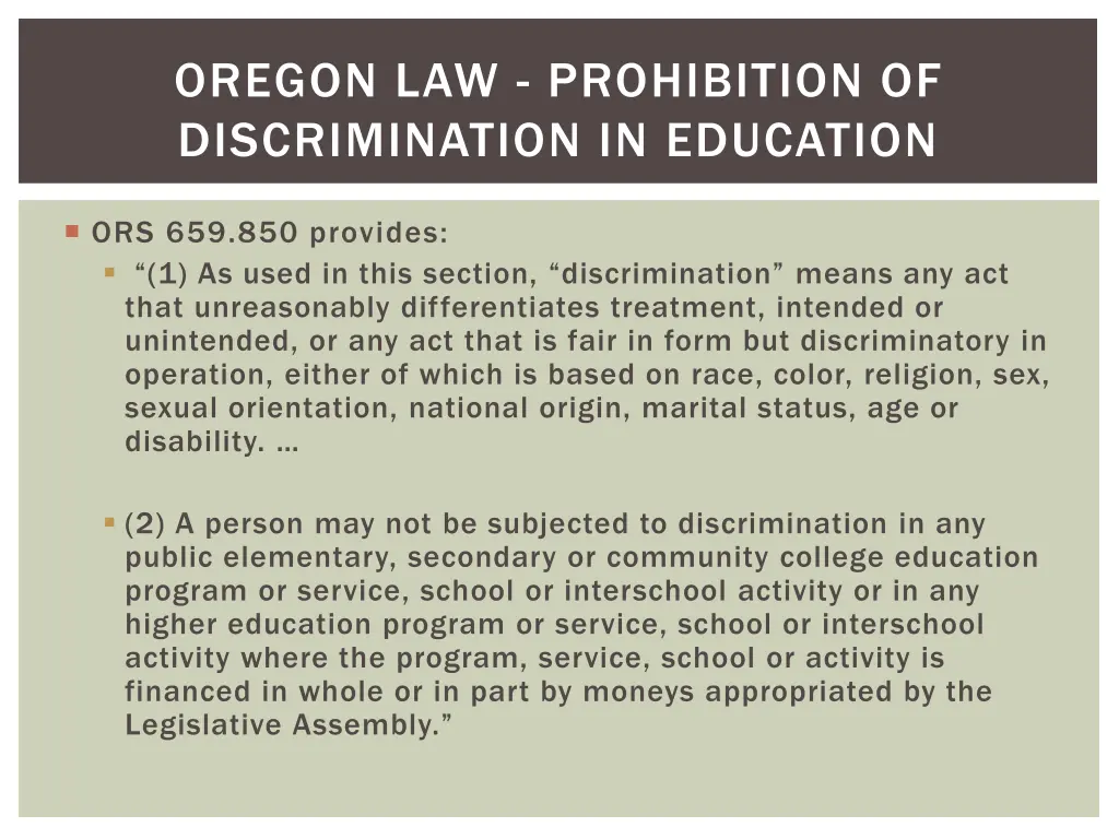 oregon law prohibition of discrimination