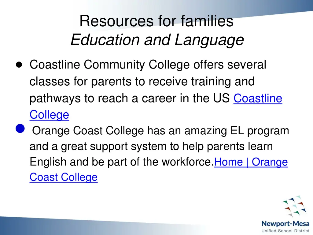 resources for families education and language