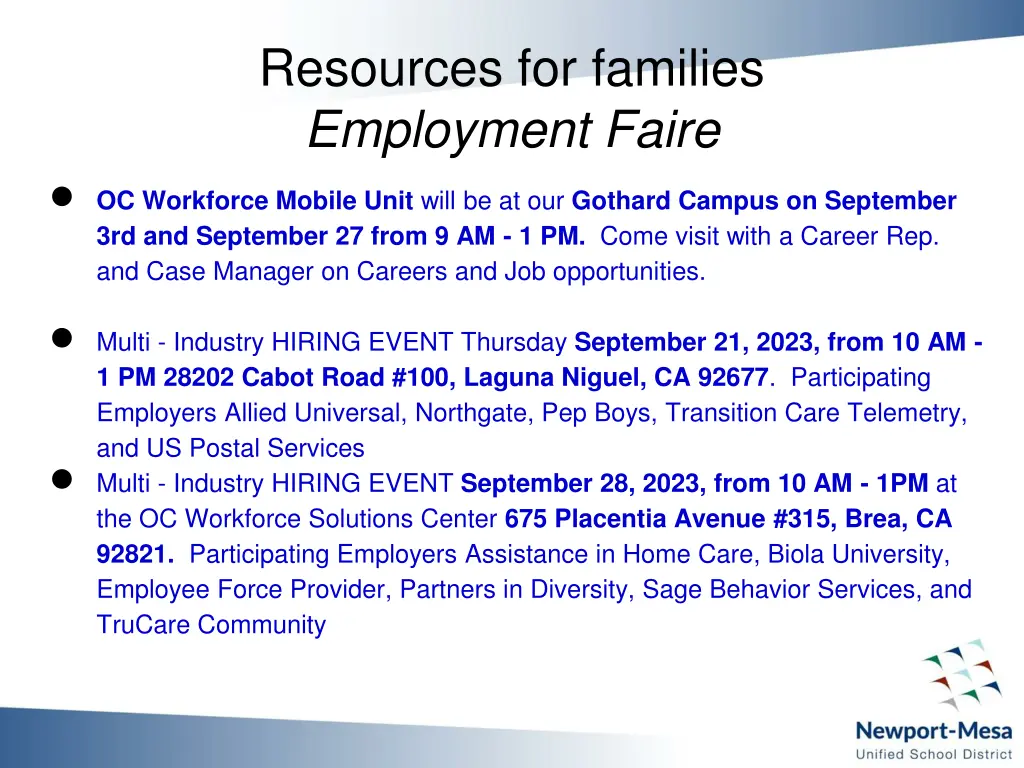 resources for families employment faire