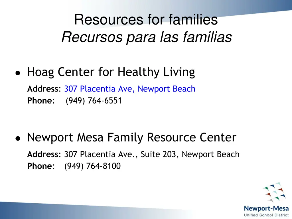 resources for families recursos para las familias