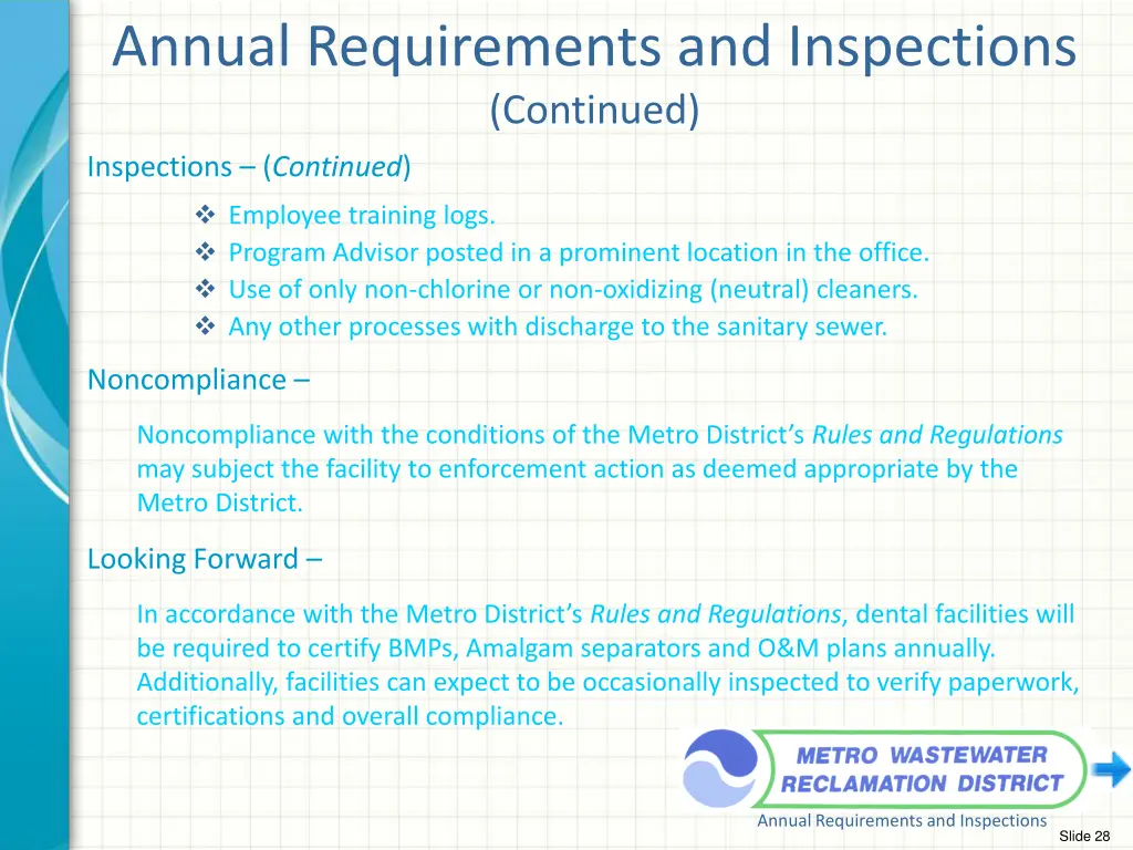 annual requirements and inspections continued