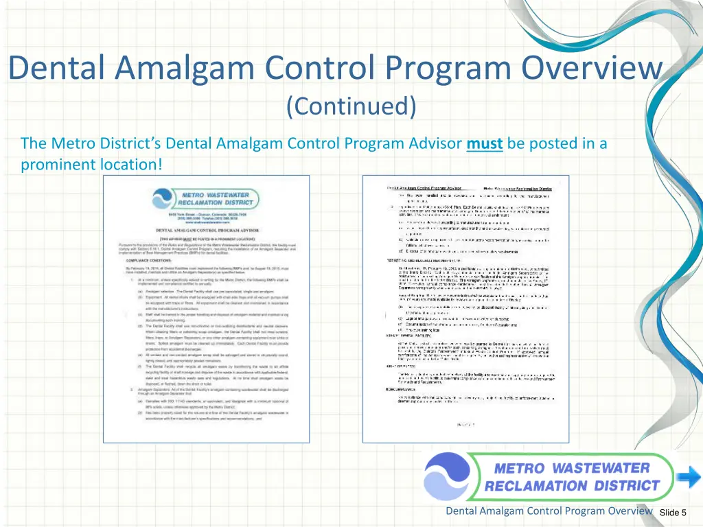 dental amalgam control program overview continued