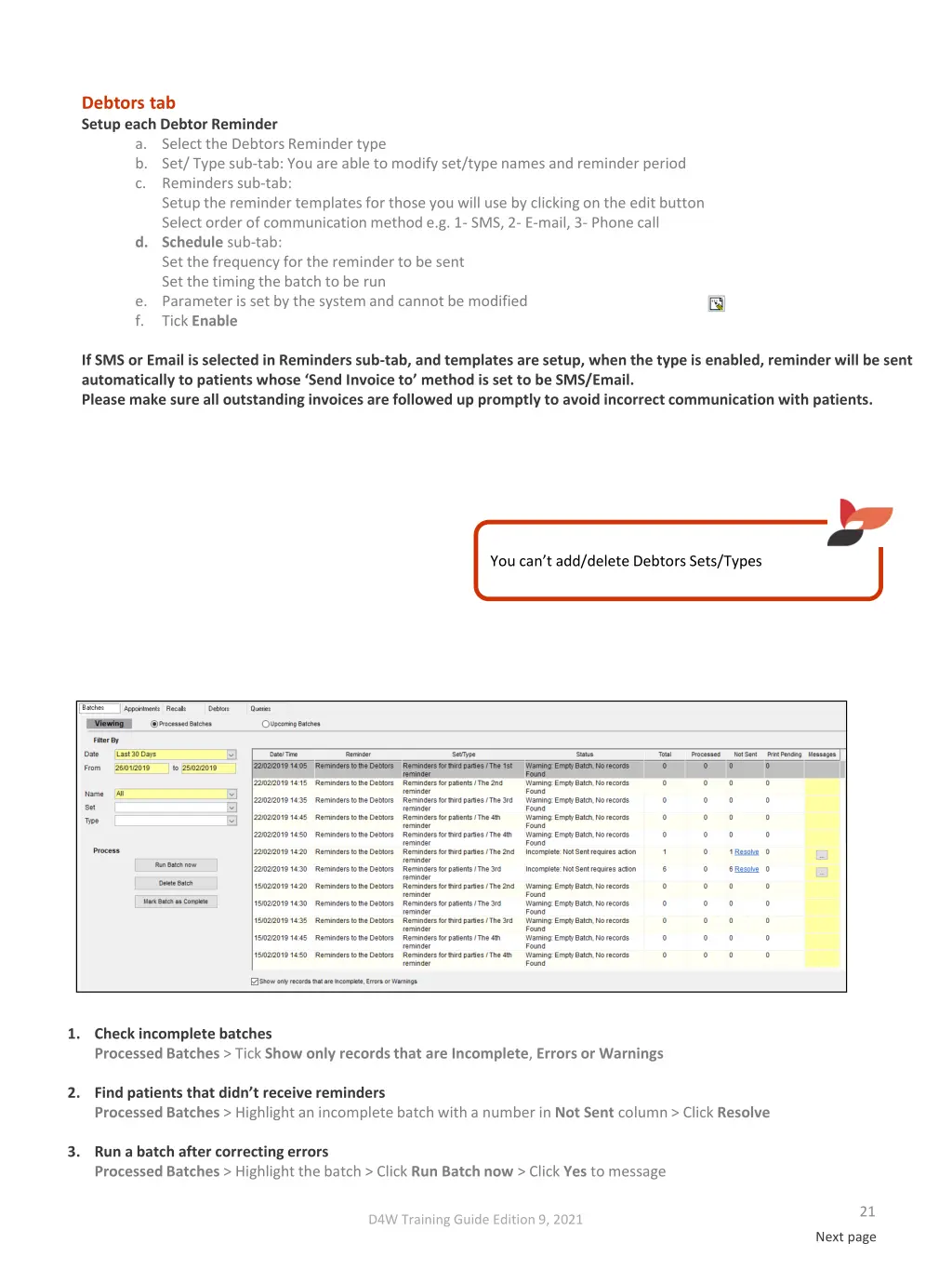 debtors tab setup each debtor reminder a select