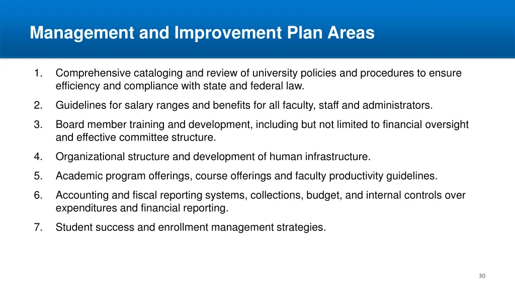 management and improvement plan areas