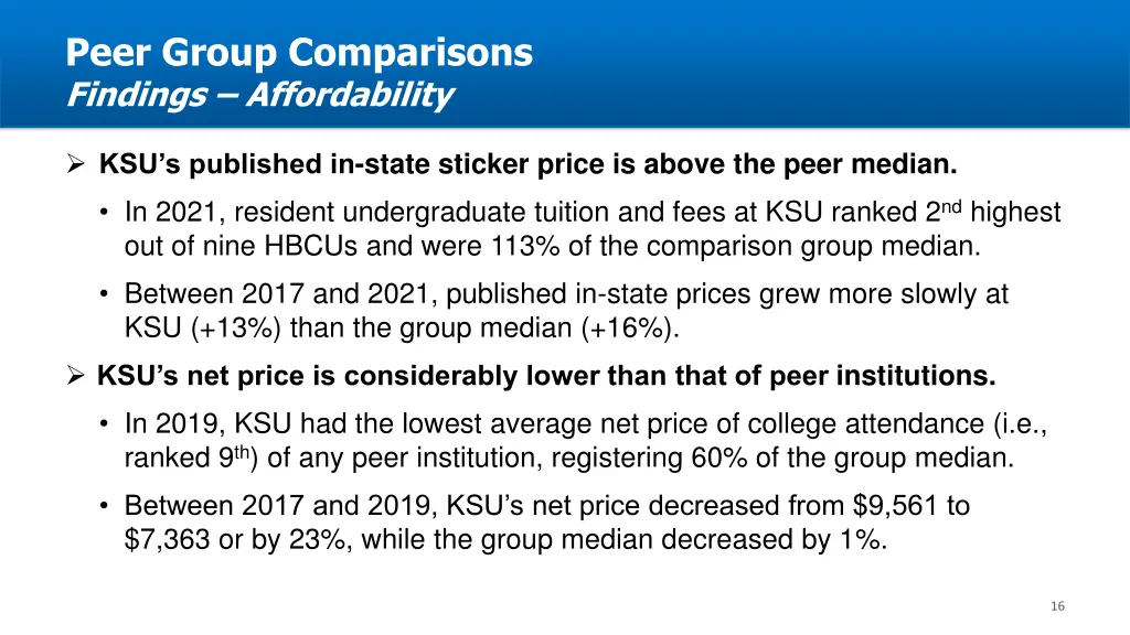 peer group comparisons findings affordability