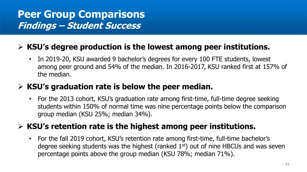 peer group comparisons findings student success