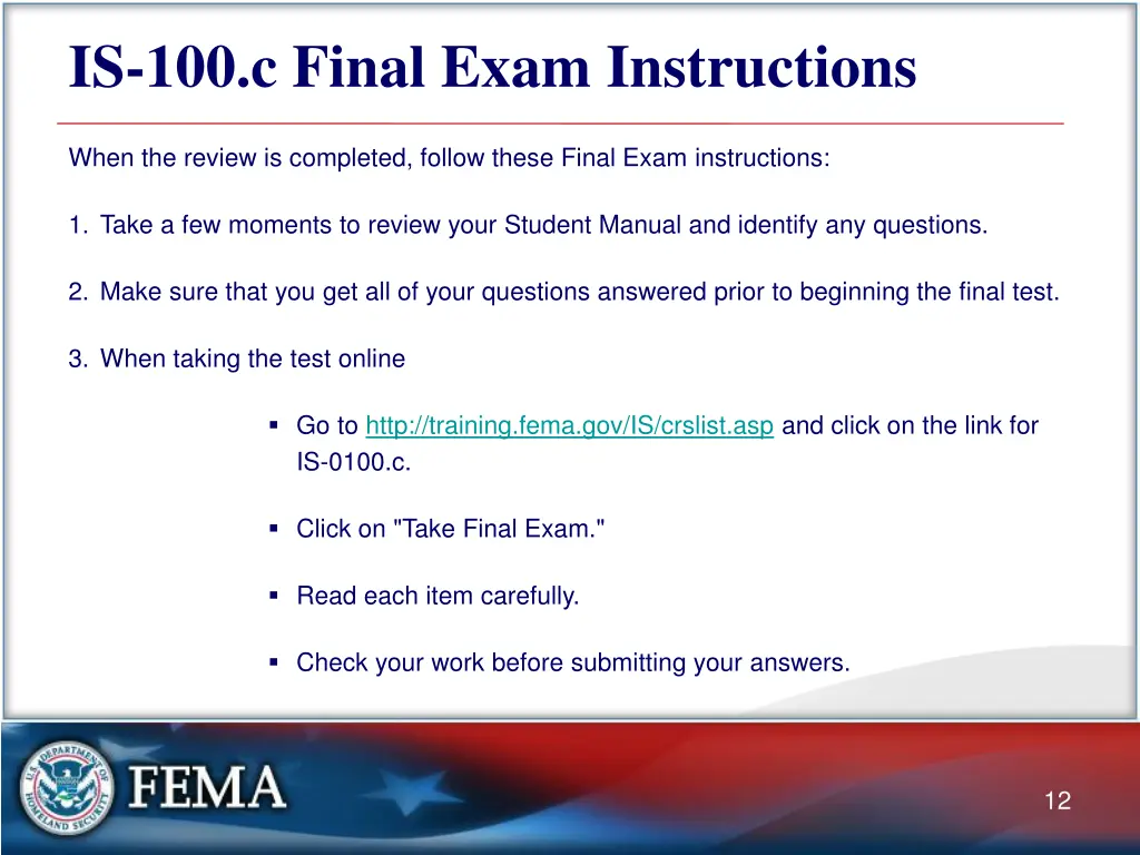 is 100 c final exam instructions