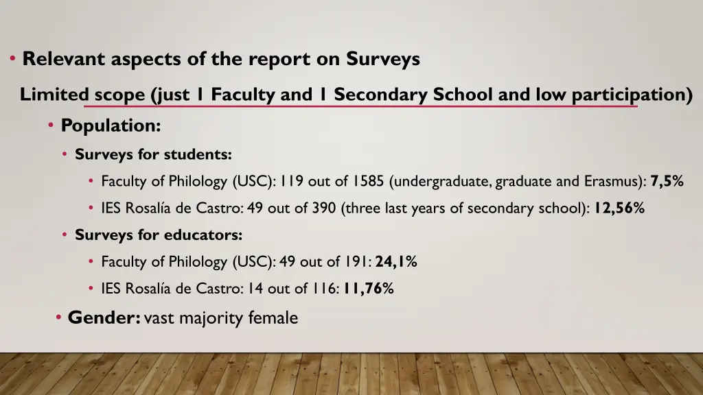 relevant aspects of the report on surveys