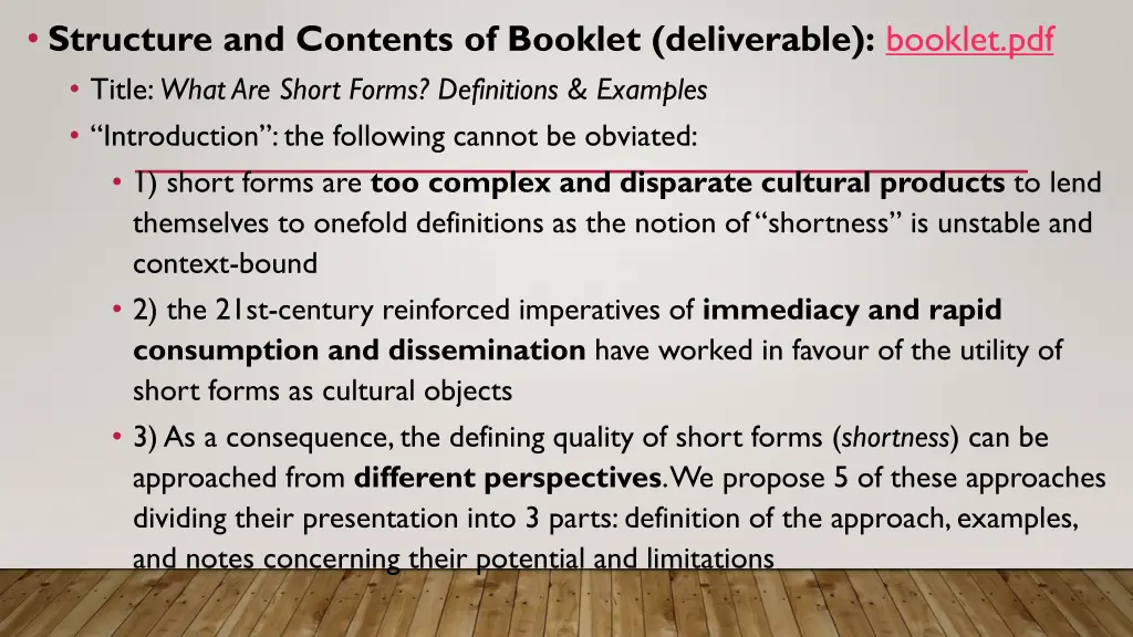 structure and contents of booklet deliverable