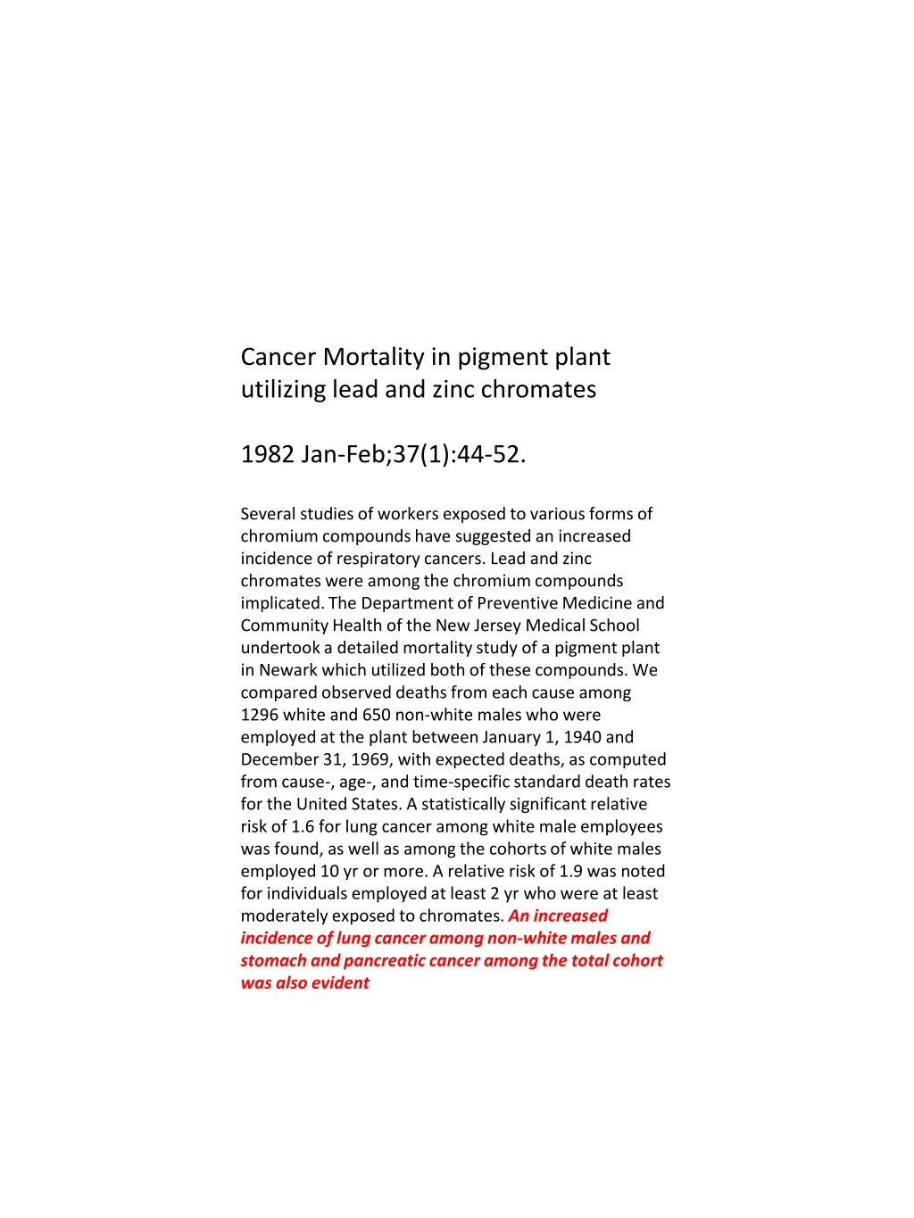 cancer mortality in pigment plant utilizing lead