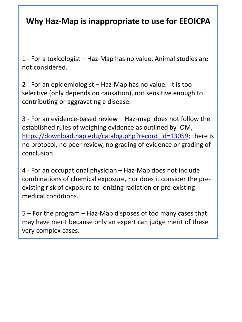 why haz map is inappropriate to use for eeoicpa