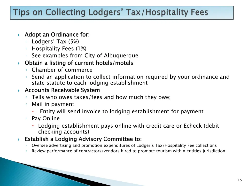 adopt an ordinance for lodgers tax 5 hospitality