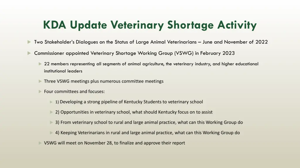 kda update veterinary shortage activity