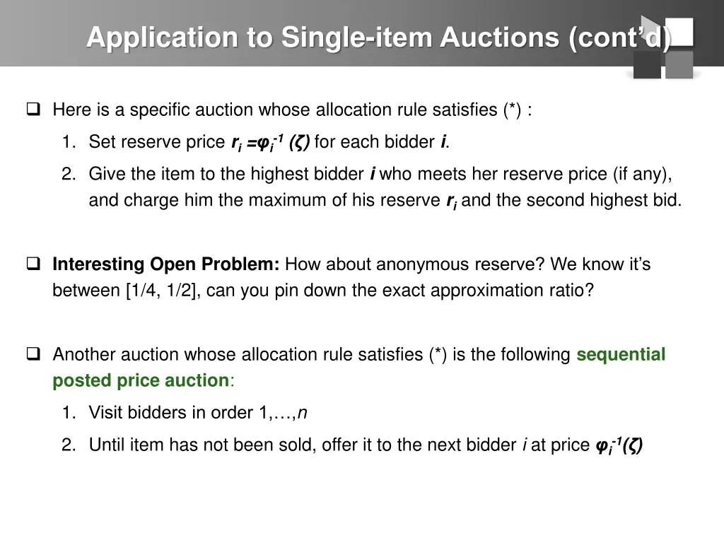 application to single item auctions cont d