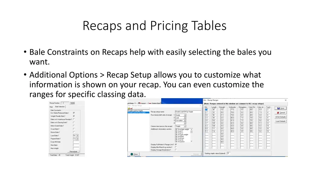 recaps and pricing tables