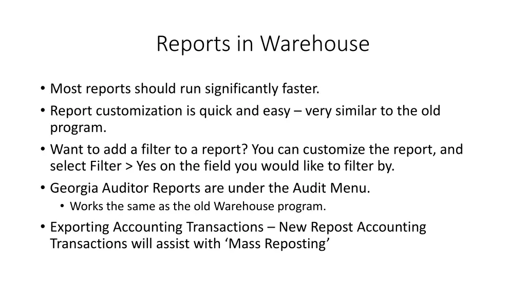 reports in warehouse