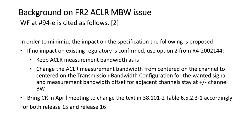 background on fr2 aclr mbw issue background 2