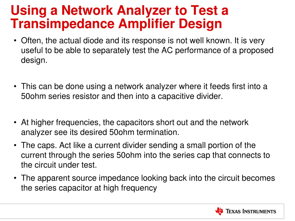 using a network analyzer to test a transimpedance