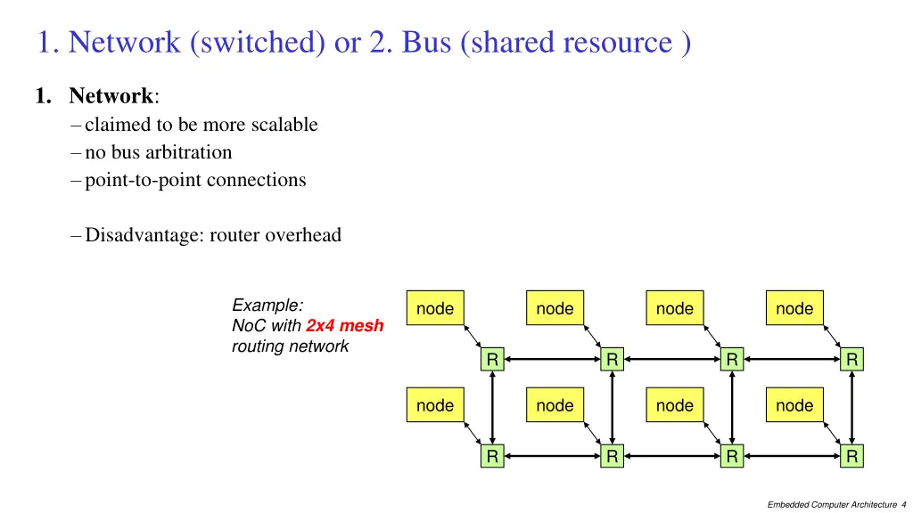 1 network switched or 2 bus shared resource