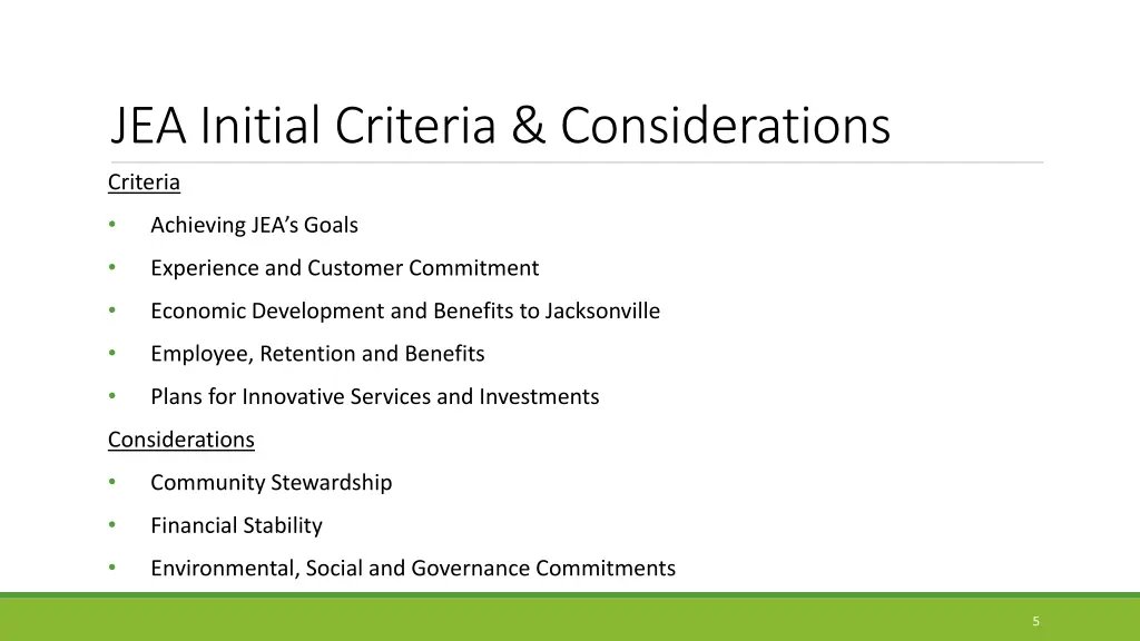 jea initial criteria considerations