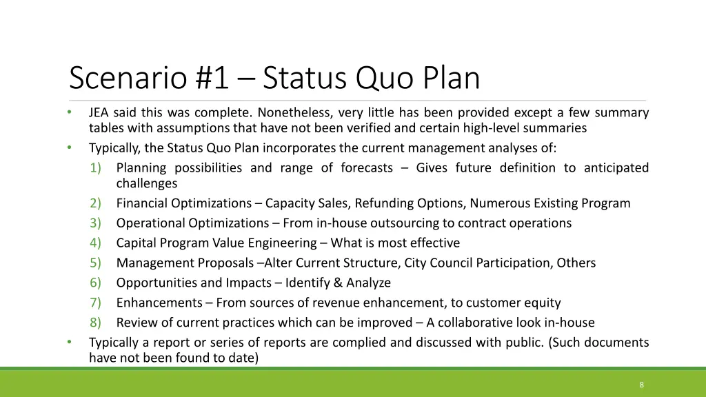 scenario 1 status quo plan jea said this