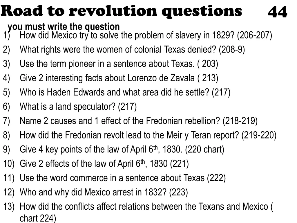 road to revolution questions you must write