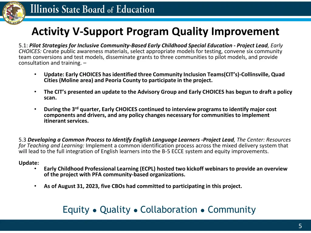 activity v support program quality improvement