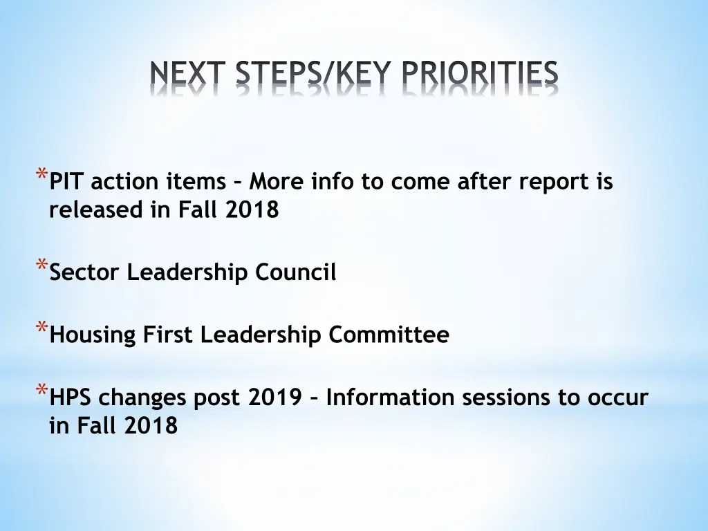 next steps key priorities