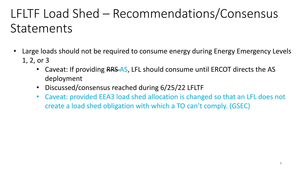 lfltf load shed recommendations consensus