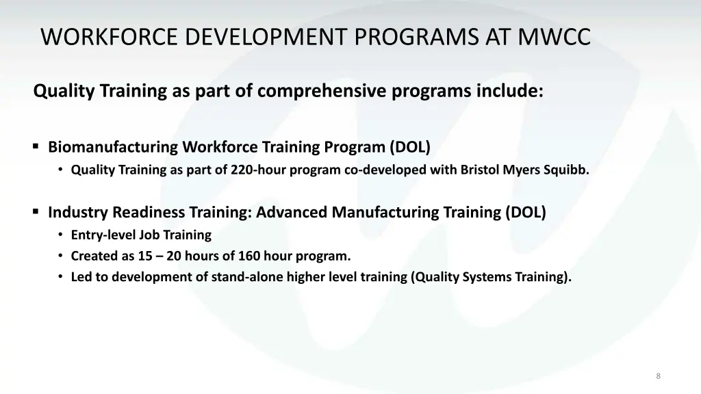 workforce development programs at mwcc