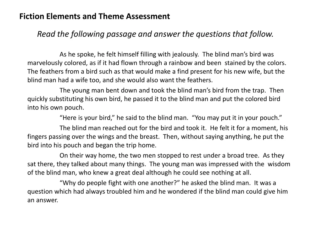 fiction elements and theme assessment 1