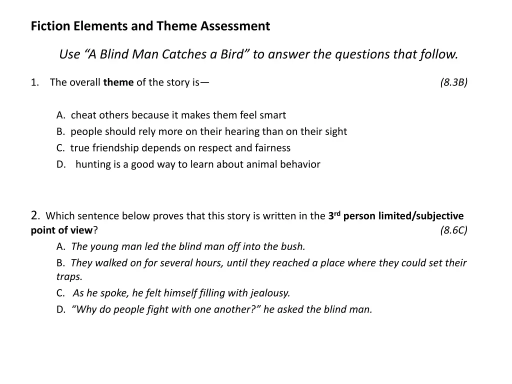 fiction elements and theme assessment 3