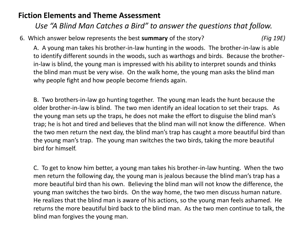 fiction elements and theme assessment use a blind