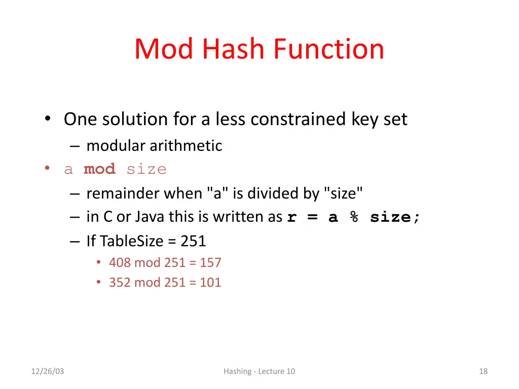 mod hash function