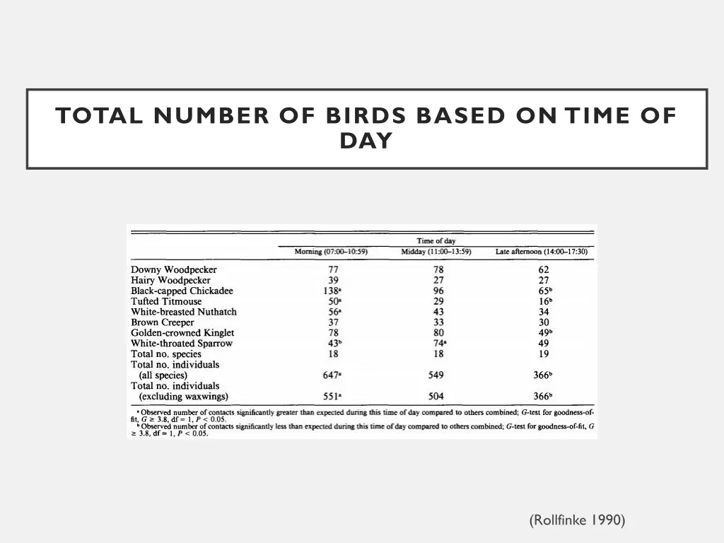 total number of birds based on time of day