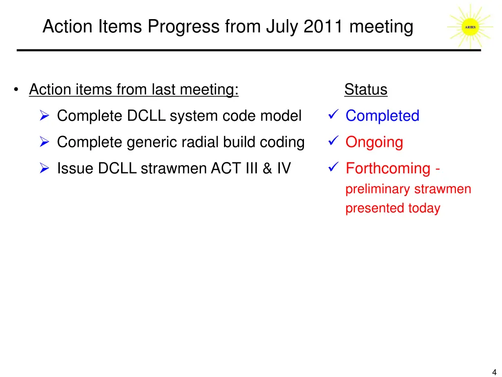 action items progress from july 2011 meeting